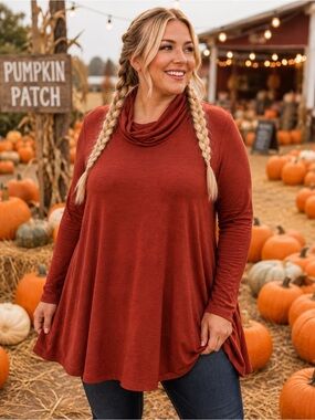 Azules Rust Cowl Neck Swing Tunic Top XL USA Made Rayon Stretch Boho Fall NWOT